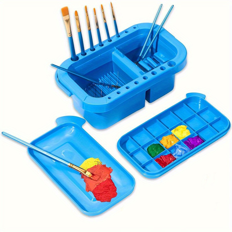 Gouache Paint Set - อ่างล้างพู่กัน 3-in-1 พร้อมจานสีและฝาปิด กล่องใส่พู่กันสำหรับล้างสีน้ำ สีอะคริลิก และสี