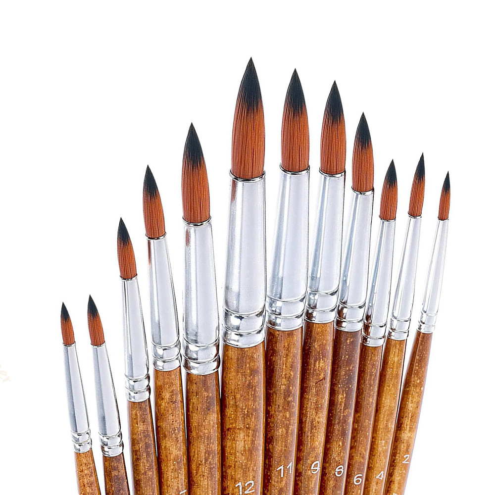 Gouache Paint Set - 12 ชิ้นศิลปินสีน้ําแปรง, Round Pointed Tip แปรงทาสีศิลปินชุดขนาดที่แตกต่างกันสําหรับสีน้ําอะคริลิค