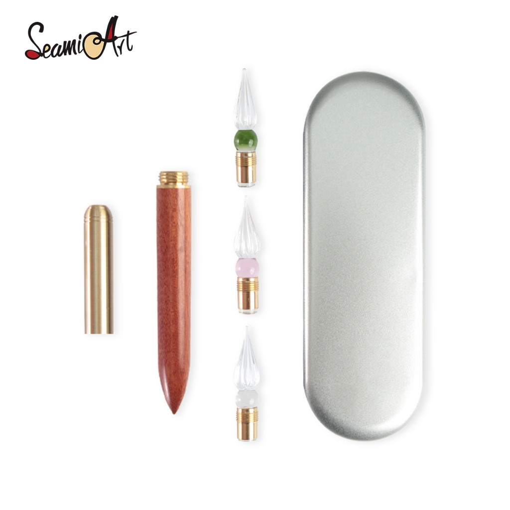 Calligraphy Pen Set - เซ็ตปากกาจุ่มหมึก SeamiArt พร้อมหัวปากกาแก้วเปลี่ยนได้ ด้ามไม้ พร้อมกล่องโลหะ สำหรับนักเรียนฝึกเขียนพู่กันจีน