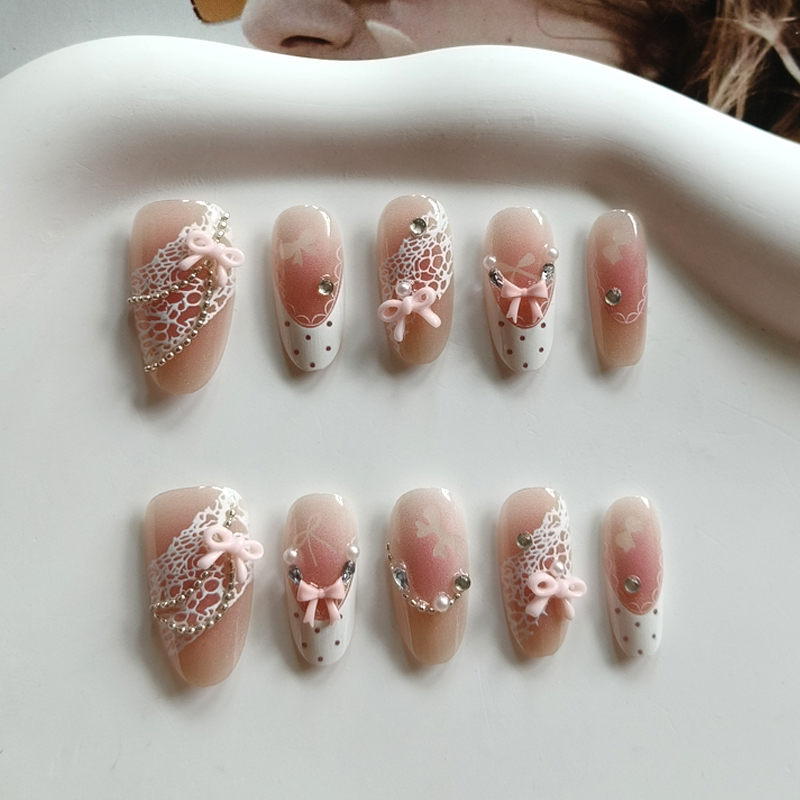 Art Craft Handmade - เล็บปลอมแบบกดติด 10 ชิ้น สไตล์ฝรั่งเศส ลายโบว์ 3