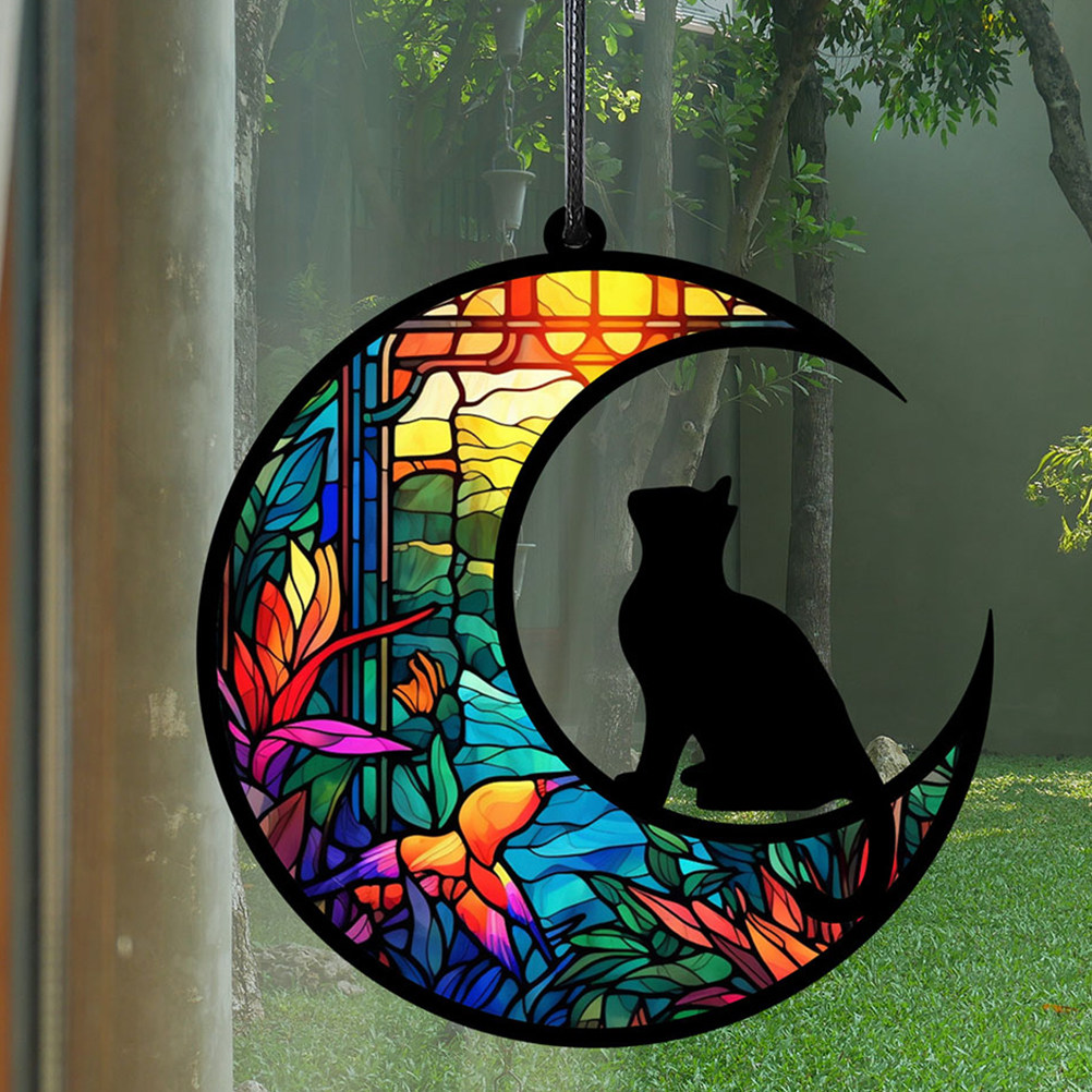 Art Craft Night - ของตกแต่งแขวนรูปแมวดวงจันทร์อะคริลิกสำหรับหน้าต่าง ผนัง สวน บ้าน สำนักงาน ห้อง