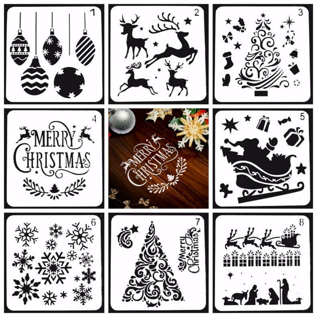 Art And Craft Xmas Tree - แม่แบบลายฉลุสำหรับวาดภาพคริสต์มาส 8/12/16 ชิ้น ลายต้นคริสต์มาส ลูกบอล เกล็ดหิมะ