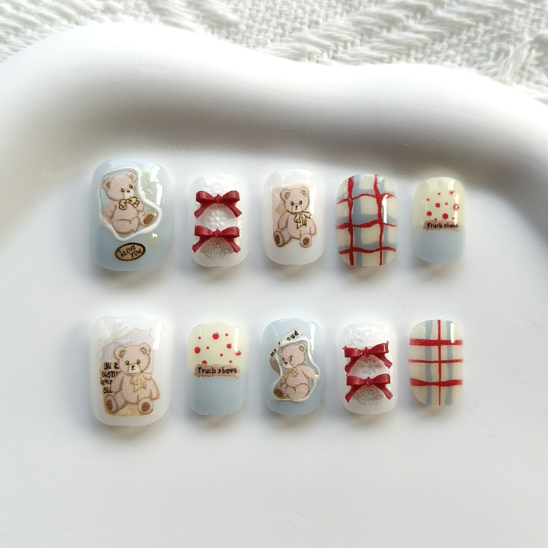 Art Craft Handmade - เล็บปลอมแบบกดติด 10 ชิ้น สไตล์เกาหลี ลายหมีน่ารัก พร้อมโบว์