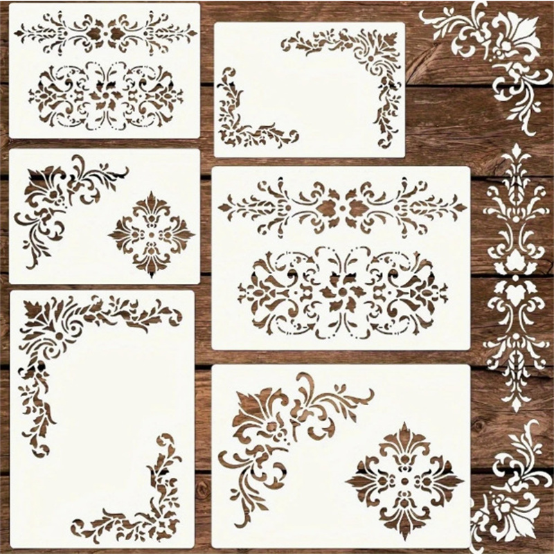 Art Craft Furniture - ลายฉลุลายดอกไม้ 6 ชิ้น สำหรับงานเพ้นท์ ลายฉลุลายดามัสก์แบบวินเทจ สำหรับงาน