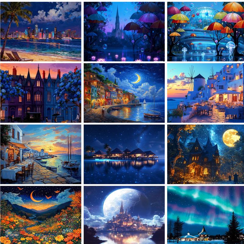Art Craft Night - RUOPOTY ชุดระบายสีตามตัวเลข ชุดงานศิลปะและงานฝีมือสำหรับผู้เริ่มต้น ภาพวิวกลางคืน สีอะคริลิก งานศิลปะติดผนัง