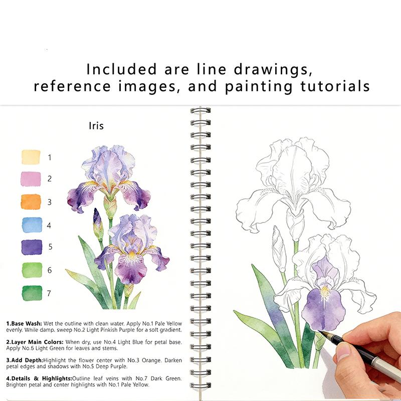Art Craft Items - สมุดวาดภาพสีน้ำลายดอกไม้แบบเข้าเล่มสันห่วง กระดาษหนา คู่มือใช้งานง่ายสำหรับผู้เริ่มต้น ฝึกวาดภาพทุกวัน ลดราคาพิเศษ