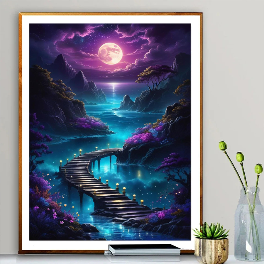Art Craft Night - ผู้ใหญ่เพชรภาพวาด Moon night สีเพชร Mountain 5D