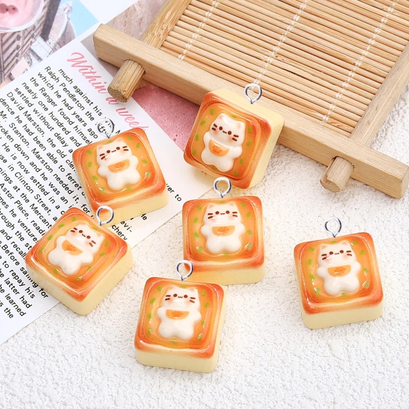 Art Craft Items - ชาร์มเรซิ่นรูปขนมปังปิ้งลายแมวน่ารัก 10 ชิ้น จี้รูปสัตว์แบบแบน สำหรับงาน DIY