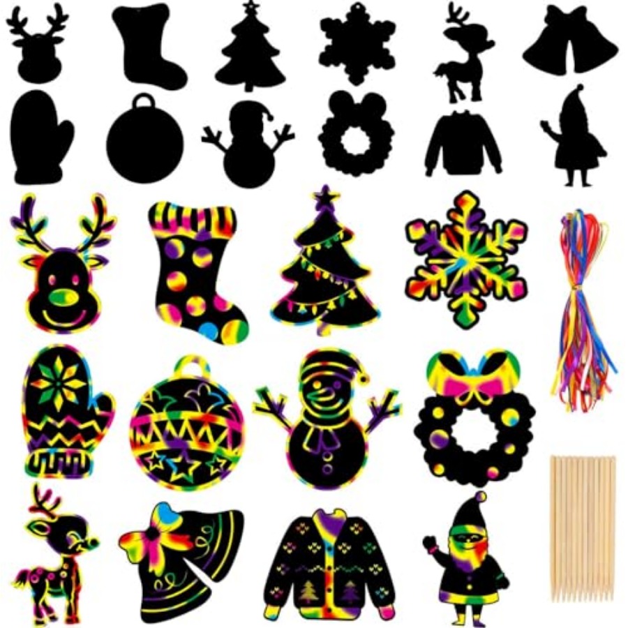 Art And Craft Xmas Tree - กระดาษขูดลายคริสต์มาส 96 ชิ้น ชุดงานฝีมือการ์ดขูดลายสายรุ้งวิเศษ สำหรับตกแต่งต้นคริสต์มาสและของตกแต่งวันเกิด