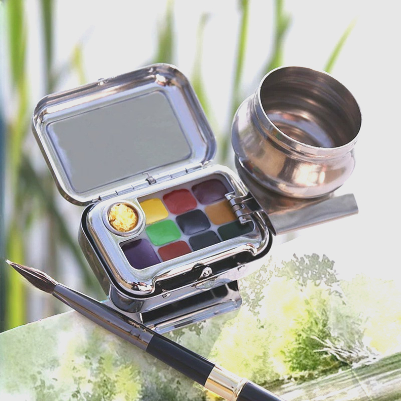 Gouache Paint Set - ชุดเครื่องมืองานศิลปะพาเลทสีน้ำสีแบบพกพากล่องสีทึบขนาดเล็ก10/16ช่องใส่ปากกาโลหะสำหรับล้างถ้วย